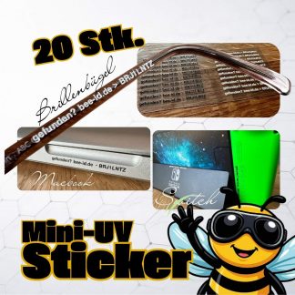 Set mit 20 Mini UV Stickern für Fundservice auf Brillenbügel, MacBook und Switch, etc.