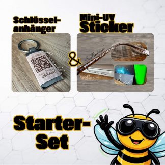 bee-id Starter-Set bestehend aus Holz Schlüsselanhänger und 20 Mini UV Stickern